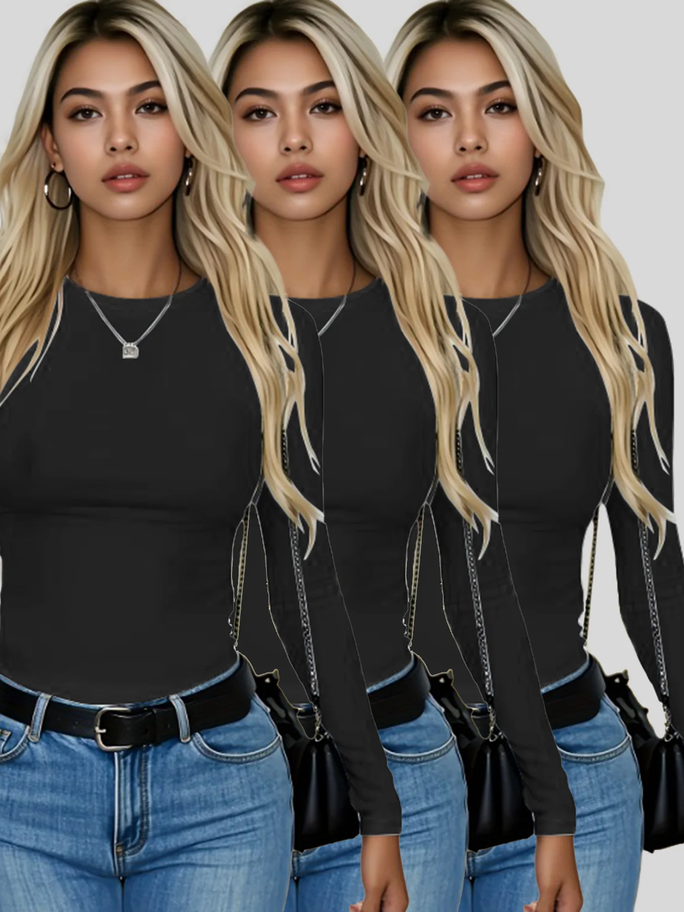 

Autumn Winter Slim Fit Long Sleeve T-Shirt Set of 3 Versatile Basic Style for Daily Commuting Slimming Inner/Outer Wear Top Set