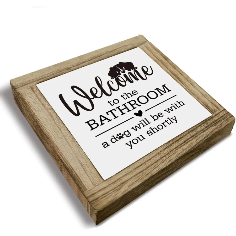 ديكور حمام الكلب، ديكور حمام مضحك، ديكور خشبي مثير للاهتمام للحمام، مرحبًا بكم في الحمامات، كلب سيكون معك