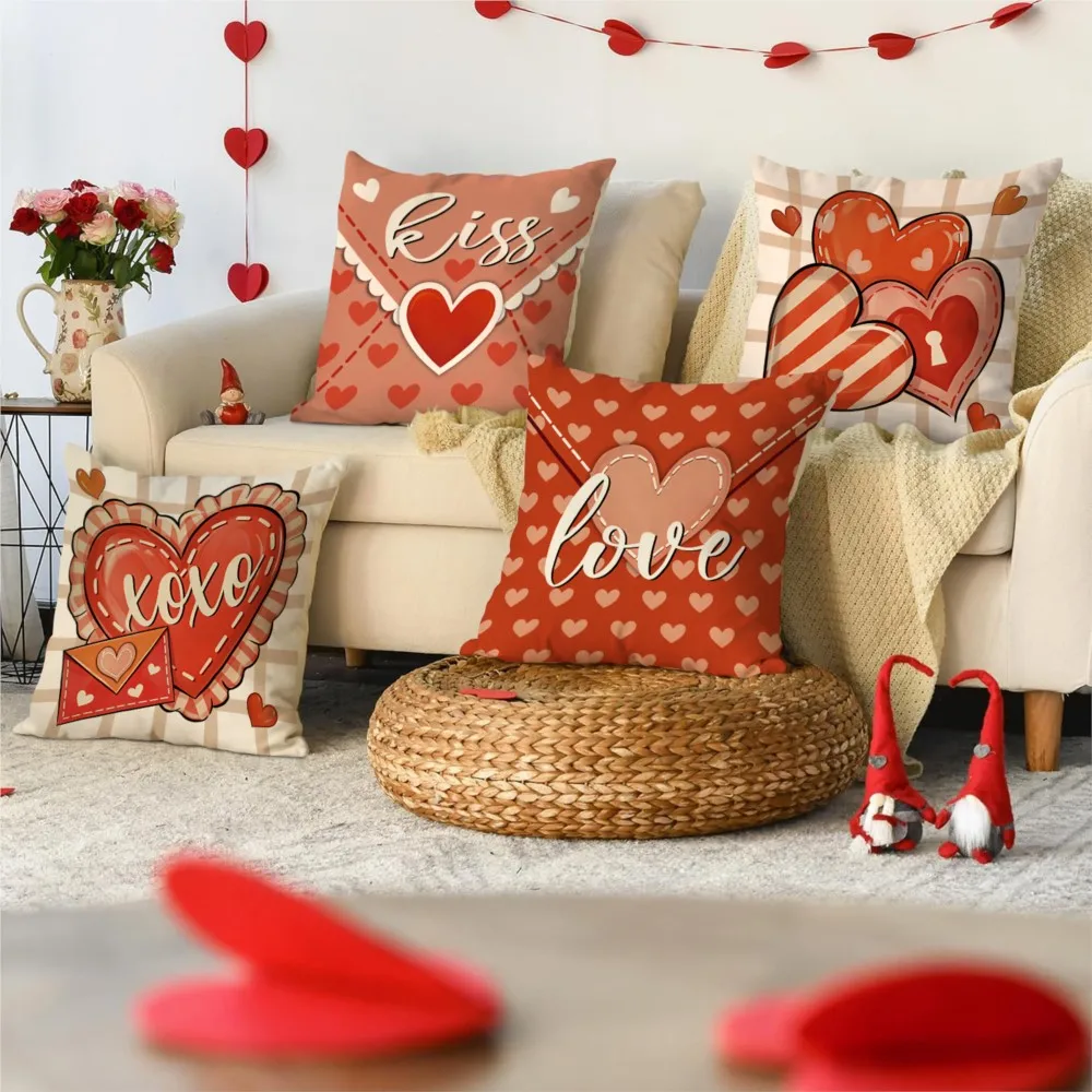 4Pcs Valentine's Day Love Envelope Red Heart Pattern Throw Pillow, Home Decorative Cushion, Soft Plush Cushion With Inser