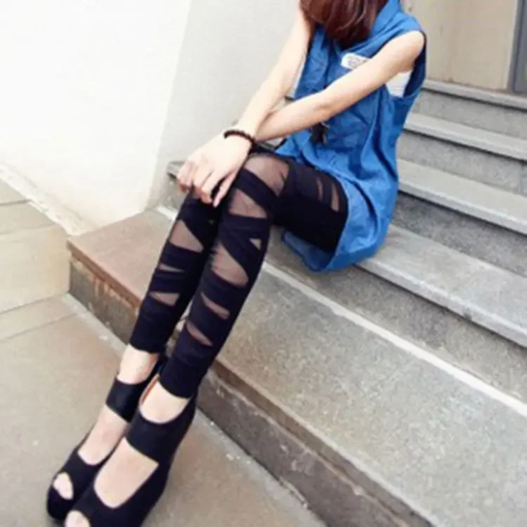 ผู้หญิงสบายๆแฟชั่น Gothic Legging Leggins Slim High เอวกางเกงขายาวผู้หญิงกางเกงผ้าไหม Hollow สายคล้องฟิตเนส Leggings