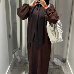 Relaxed Regular Fit Winter Corduroy Hijabi Abaya Dress - Straight Cut, Elastic Cuffs, Round Neck. Casual Warm Muslim Women Dress