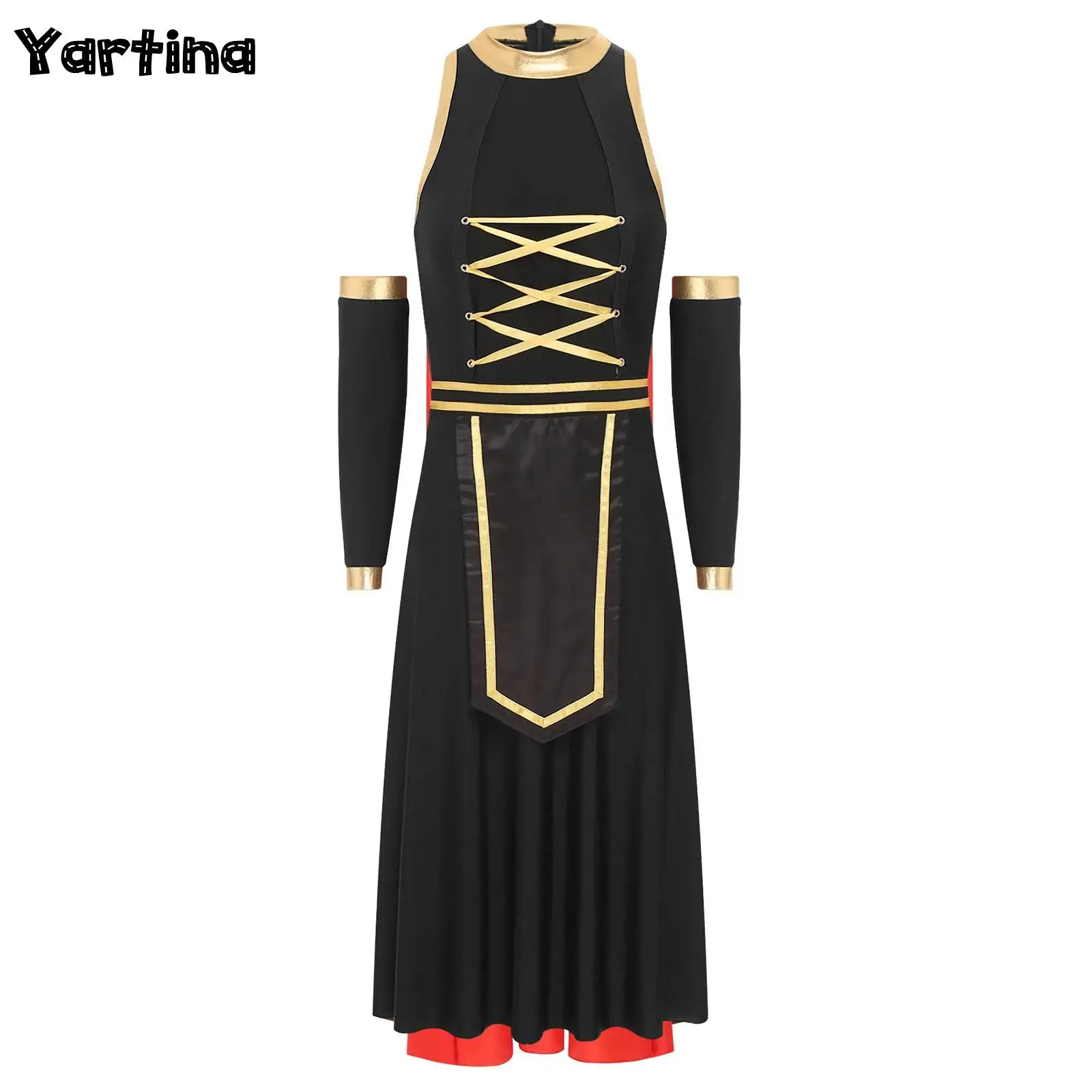 

Womens Egyptian Carnival Spartan Warrior Halloween Cosplay Costume Dress Up Outfit Dress with Detachable Sleeves And Cloak
