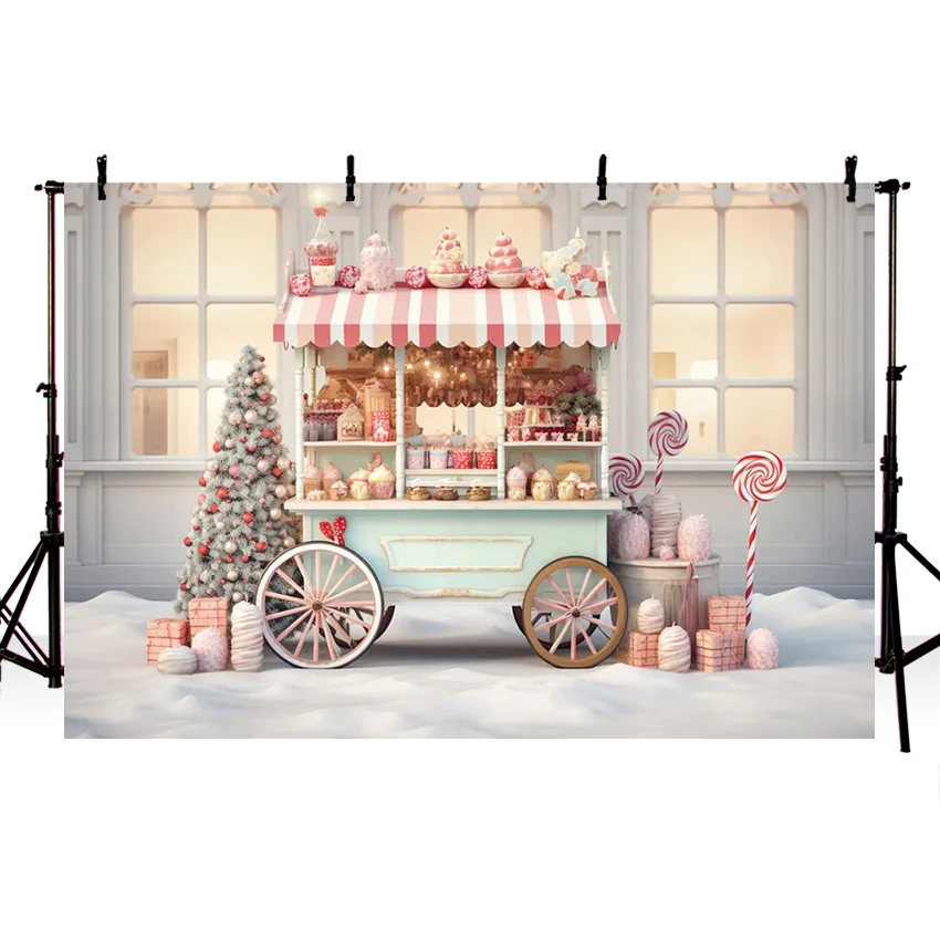 Mehofond Christmas Cart Backdrop Hot Cocoa Candycane Kids Birthday Portrait Snowland Xmas Trees Bell Photo Background Studio