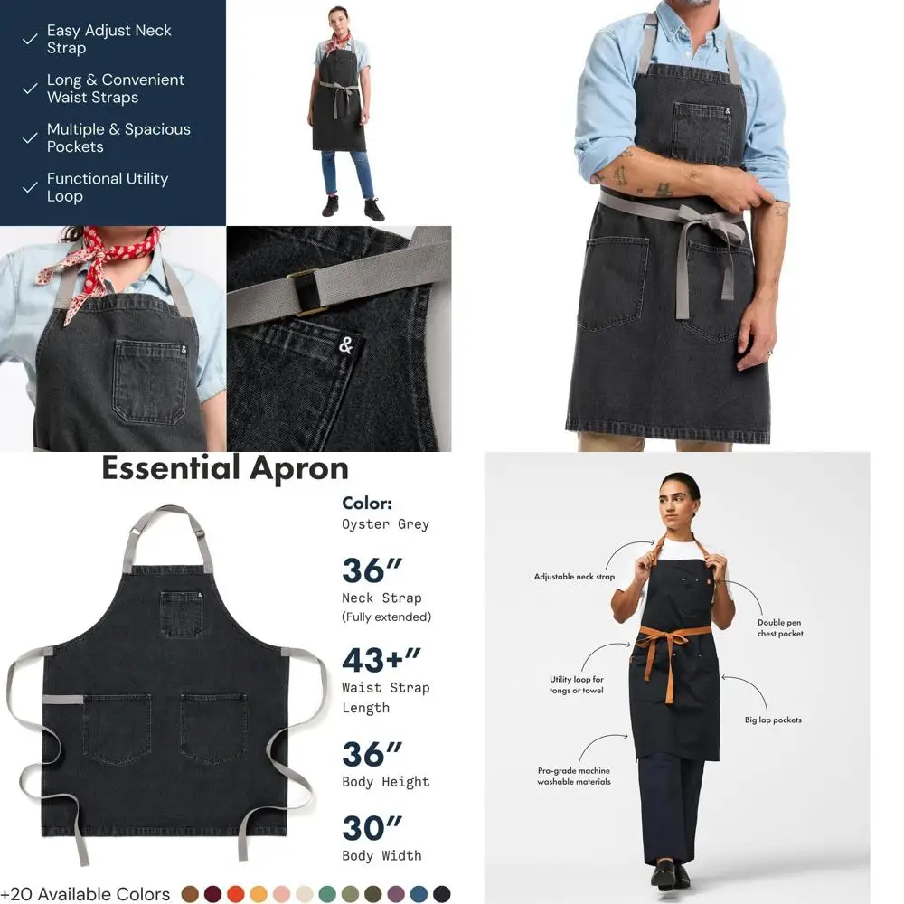 

Heavy-Duty Denim Apron with Pockets and Towel Loop - Professional Chef Workwear for Cooking and Grilling - Oyster Gray