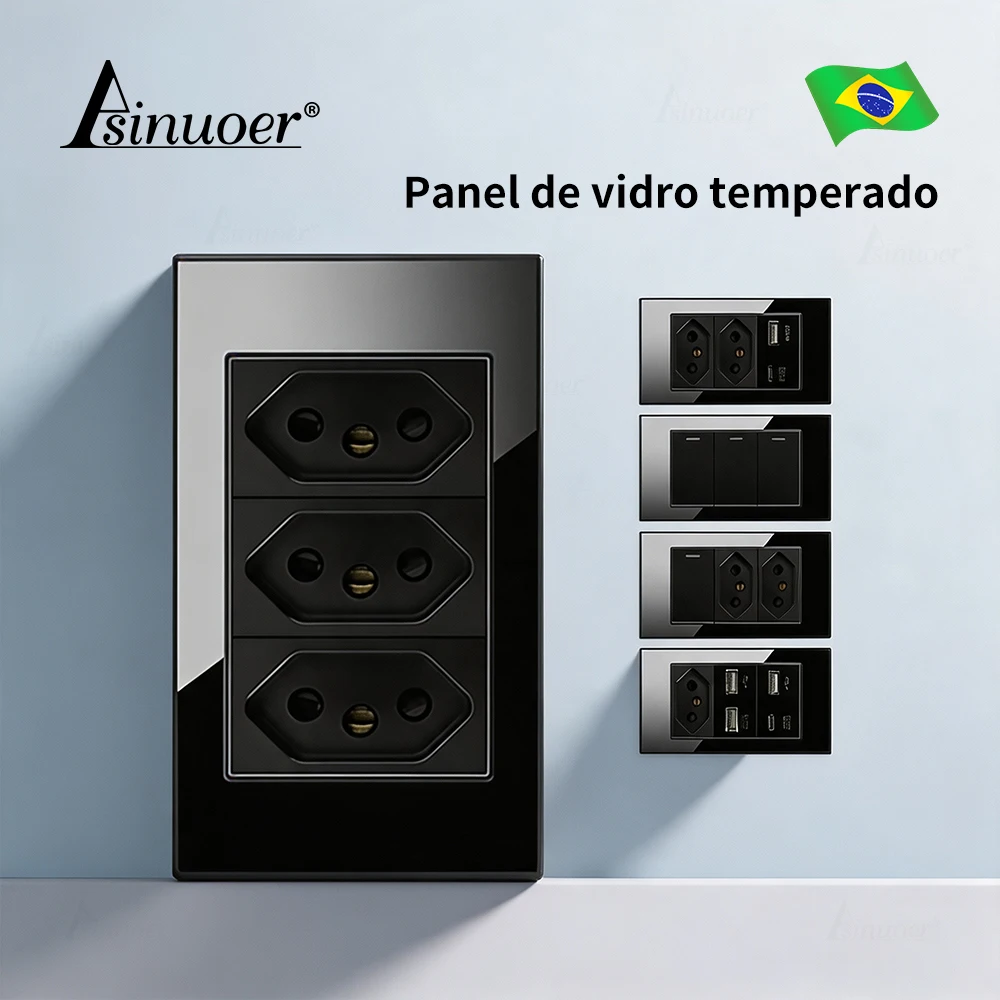 Tomada de Parede Padrão Brasileiro em Vidro Temperado Preto com USB Duplo Tipo-C e Interruptor de Luz, Tomada Elétrica Suíça 10A 20A Inteligente