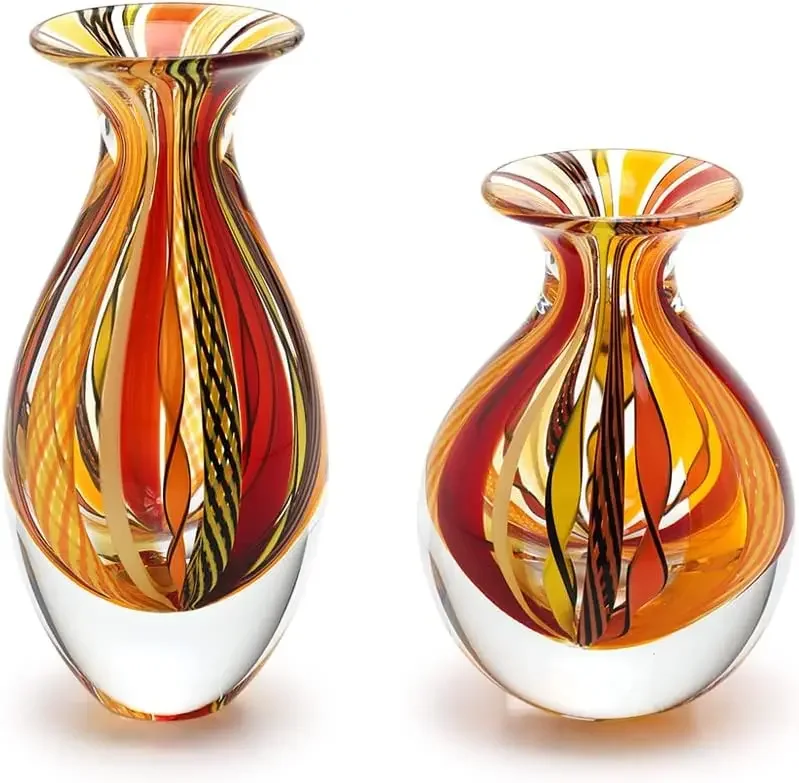 Murano Style Glass Vases Hand Blown Red Canes Boho Effect Home Decor | Pair of Hand Blown Glass Vases, Decorative Centerpieces f
