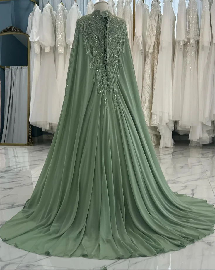 Mint Green Muslim Caftan Prom Formal Dresses with Cape Gillter Applique Floral High Neck Customsized Evening Gown Garment