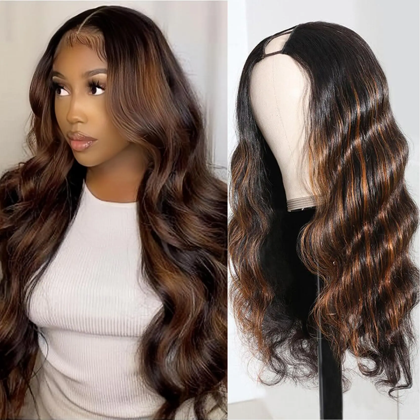 Dialola 1B/30 Highlight 13x6 Lace Frontal Haarwerk van Echt Haar V-Part Ombre Zwart Bruin Gekleurd Voorgeplukt Body Wave Lace Front Pruiken