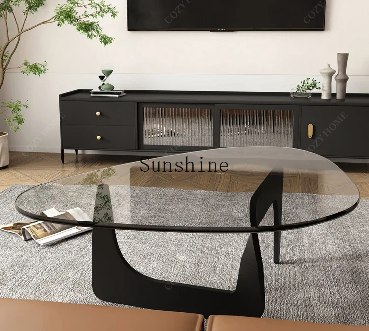 Creative small apartment tempered glass black solid wood triangular coffee table