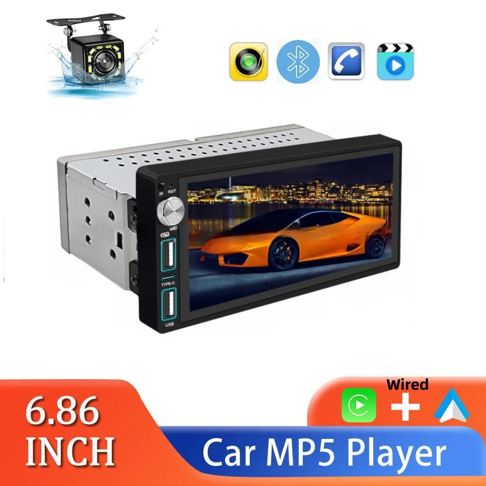 

1 Din 6.86 Inch Android Car Radio Wired CarPlay/Android Auto Wifi Bluetooth Handsfree GPS FM USB HD Touch Screen MP5 Player