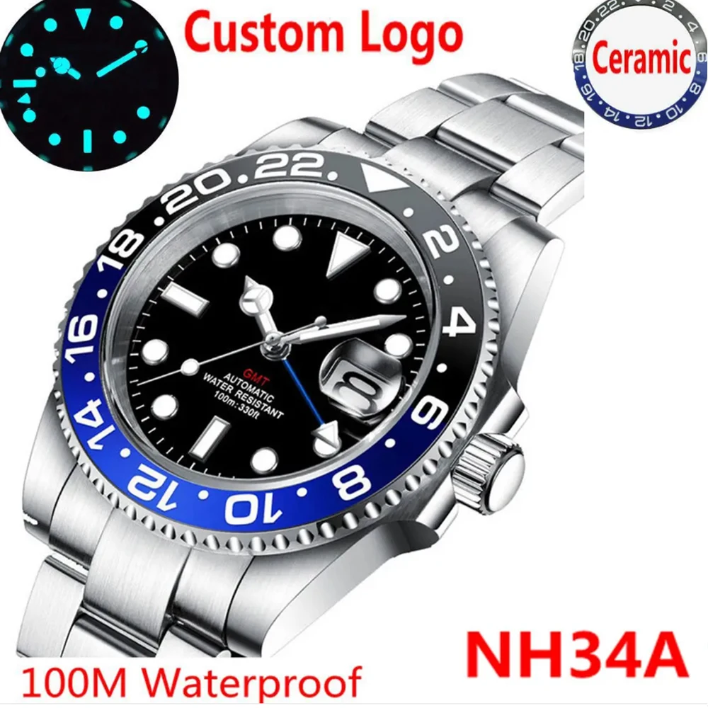 

Luxury NH34 GMT Watch For Men Automatic mechanical watches 40MM Ceramic Bezel Luminous Sapphire 100M Waterproof Male Clock