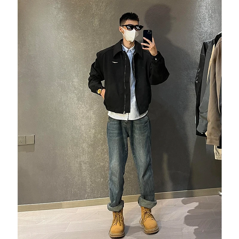 

Retro Blue Straight Leg Men's Jeans Spring Autumn American Vibe Slim Fit Narrow Version Flared Knife Pants