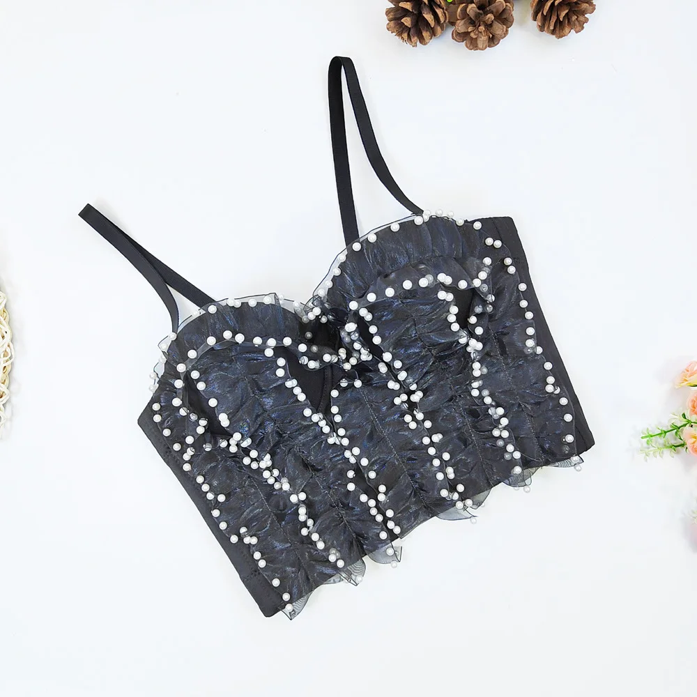 customized women's adult lace ruffle wrapped chest vest with slim fit elastic lace suspender elegant strapless bra sexy lingerie