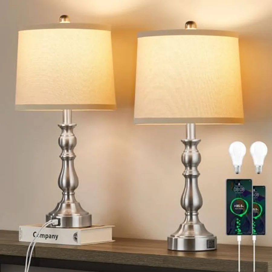 Farmhouse Side Table Lamps for Living Room Set of 2 with USB C+A Ports Bedside Lamp for Bedroom Dining Room Decor Office End Ta