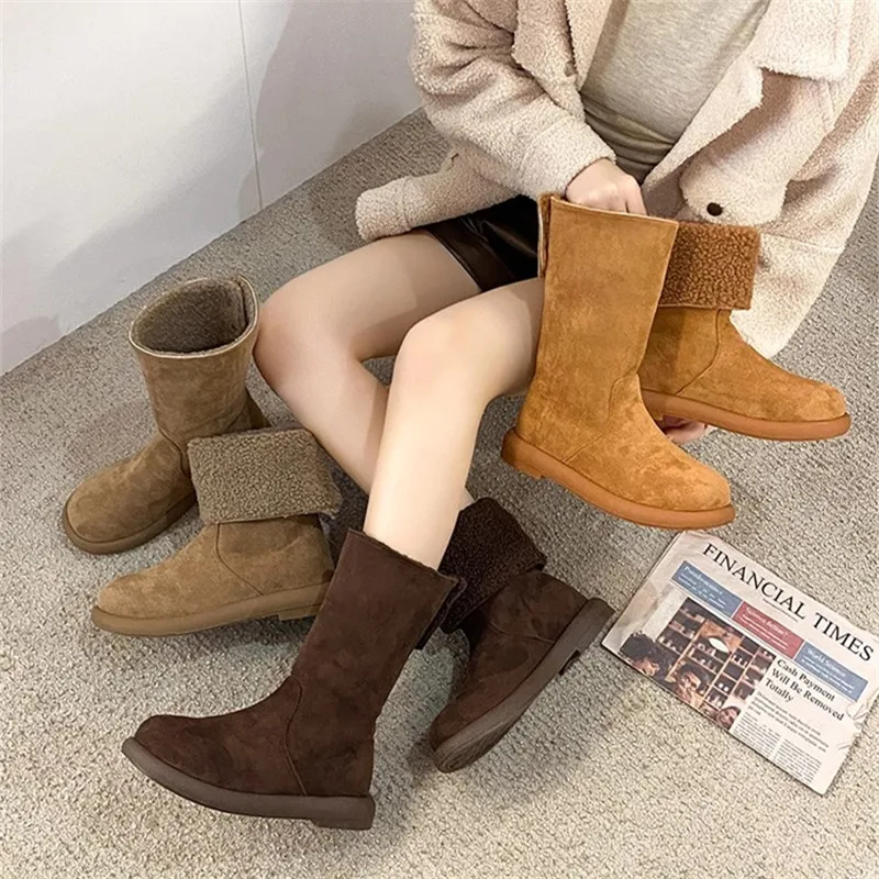 Suede Fur Flats Women Ankle Snow Boots Winter Warm Short Plush Women Shoes New 2024 Fashion Designer Chelsea Boots Femme Zapatos