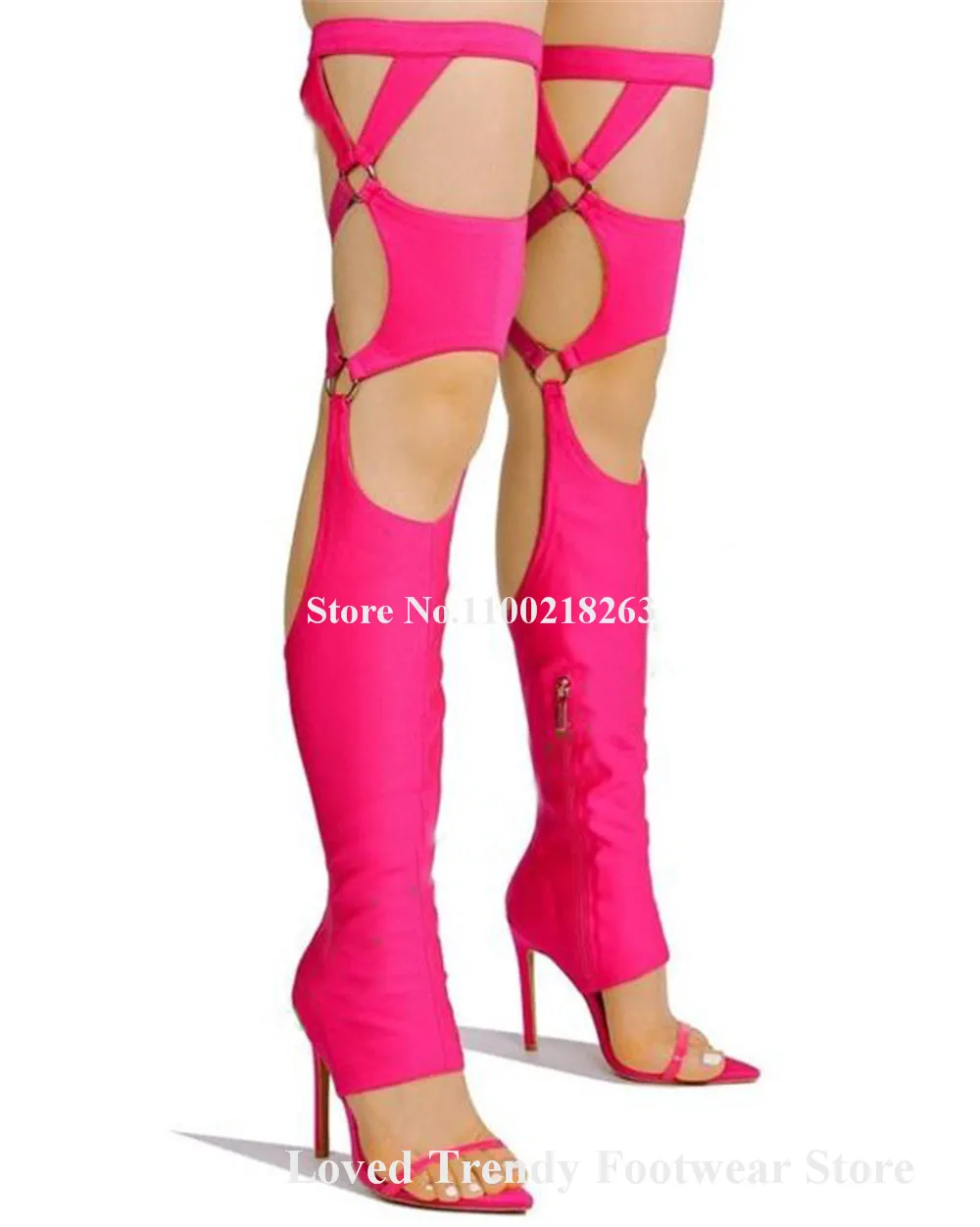 

Pink Yellow Black Satin Stiletto Heel Over Knee Gladiator Boots Slim Style Cut-out Thin Heel Long Boots Big Size Heels