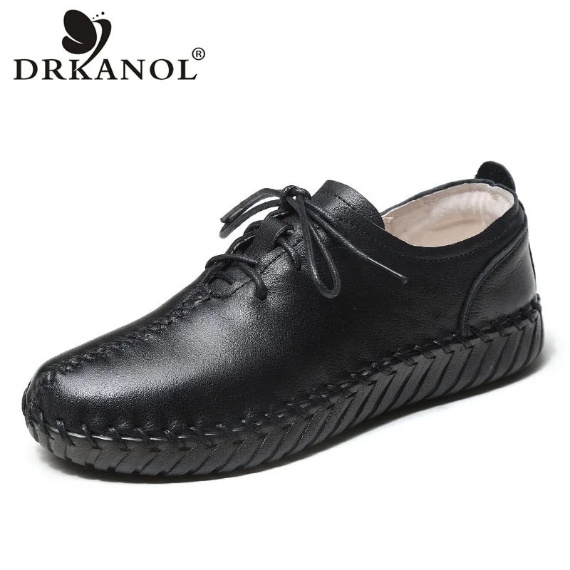 

DRKANOL 2025 Fashion Women Flat Shoes Spring Lace-Up Genuine Leather Round Toe Low Heel Handmade Sewing Casual Shoes Footwear