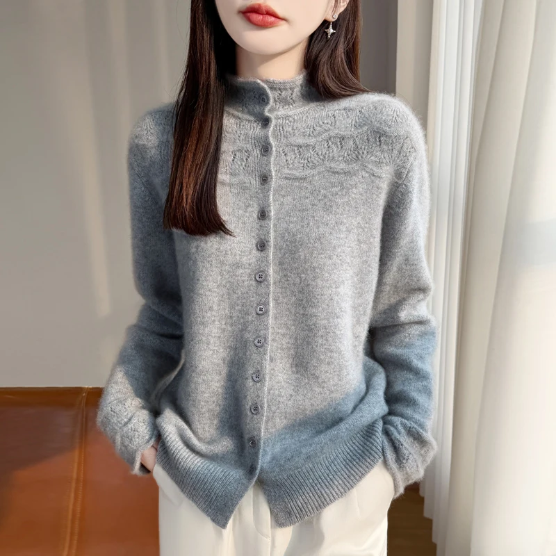 

100% Pure Wool Autumn And Winter Temperament Highend Hook Flower Hollow Semi High Neck Sweater Women's Knitted Cashmere Cardigan