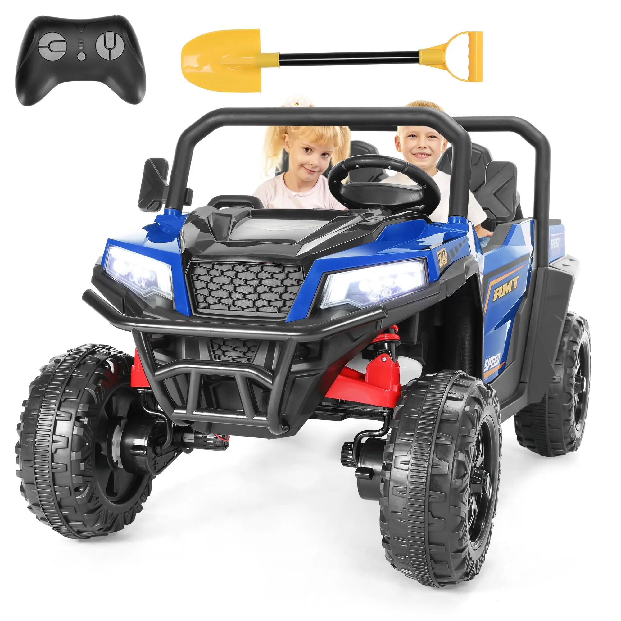 Giro elettrico 24V su auto per bambini 4 ruote doppio sedile con pale e ammortizzatori scarico macchinine alimentate a batteria con luce a LED per bambini