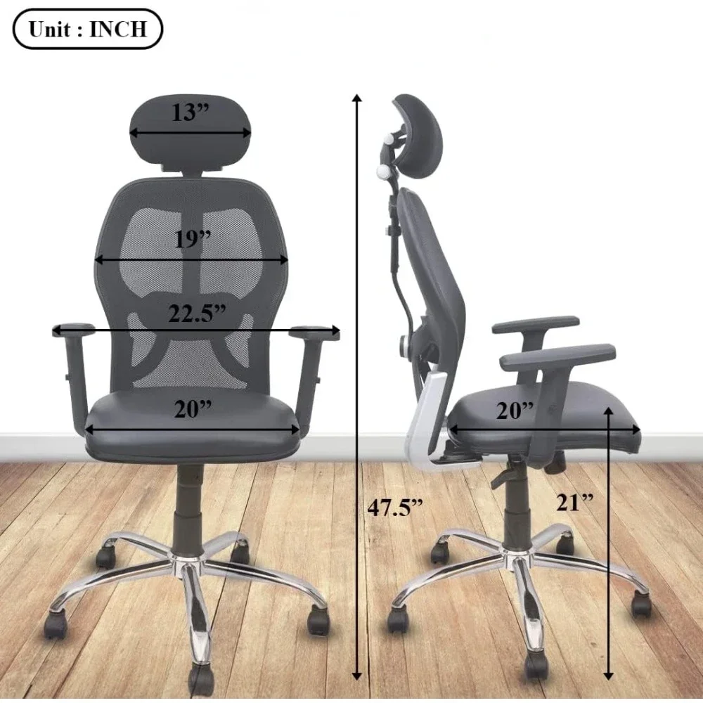 Executive Chair with Adjustable Lumbar Support, High-Back Mesh Computer Chair - Headrest, Soft Sponge Cushion & Tilt Function.