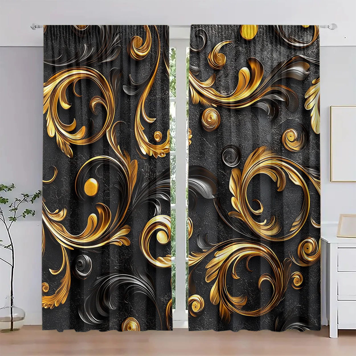 black and gold reed curtains are designed with a curtain rod system, suitable for bedrooms, offices, kitchens, and living rooms