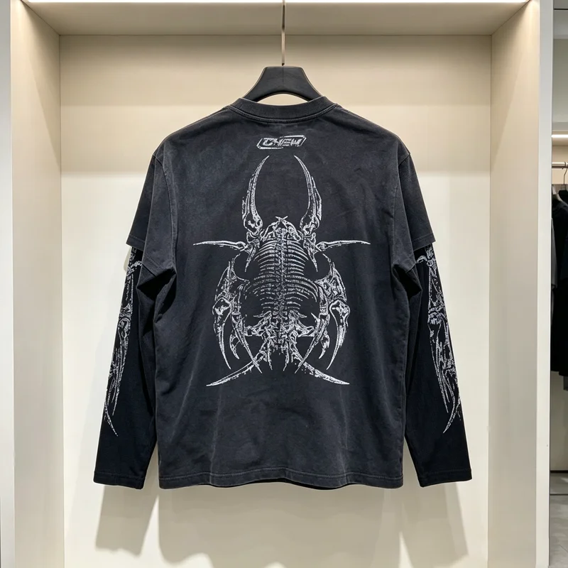 Fake Two Piece Chew Forever Long Sleeve T‑Shirt Men Women Vintage Washed Beetle Skeleton Print Tees Dark Streetwear Tops Tee Y2k