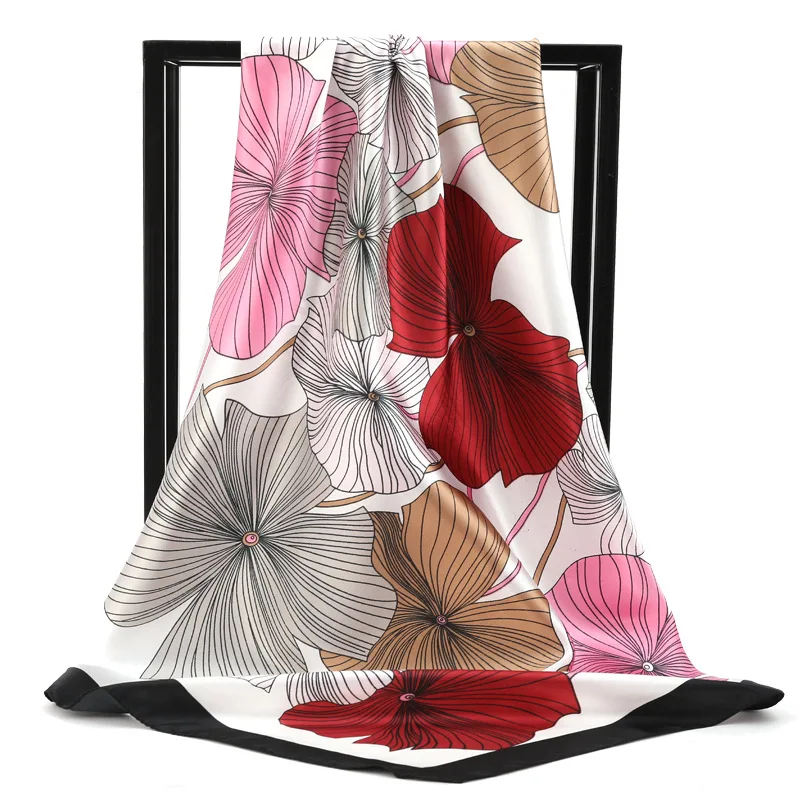 90*90cm Large Square Silk Scarf Turban Plant Maple Leaves Simulation Silk Satin Hijab Head Scarf Headwraps for Women