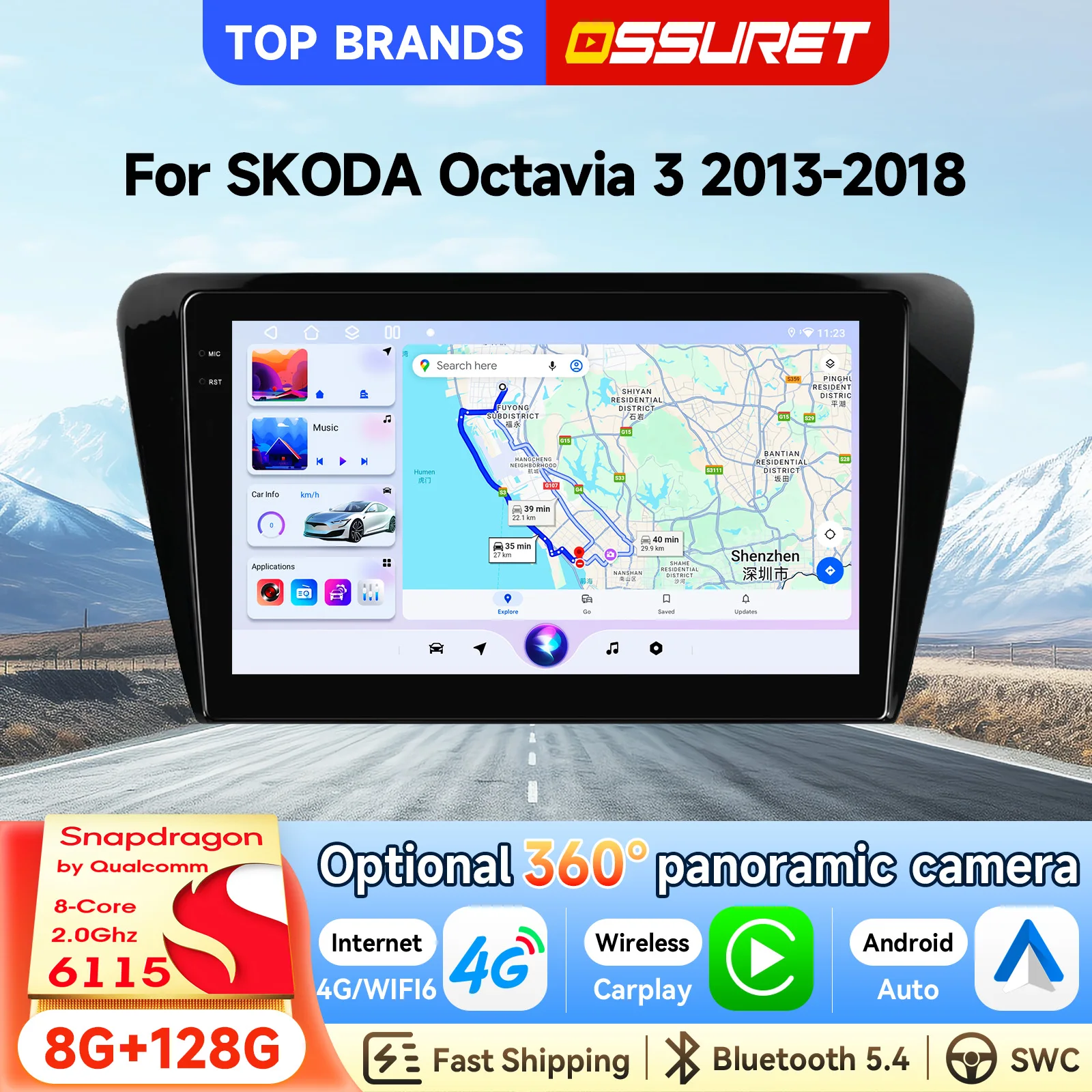 OSSURET Schnelle Lieferung 2 Din 6115 GPS 9'' Android 15 Octa Core Autoradio für SKODA Octavia 3 2013-2018 Autoradio WiFi 4G Smart Head Unit DSP RDS FM AM Radio Navigation Auto-Multimedia-Videoplayer