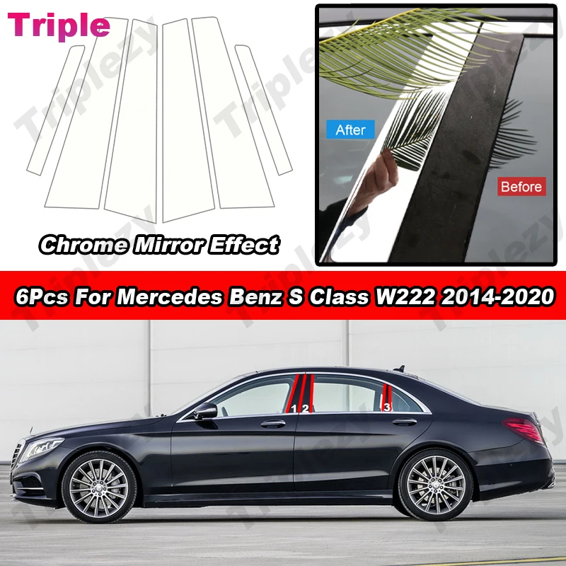 For Mercedes Benz S Class W222 2014-2020 6Pcs Glossy Chrome PC Material BC Pillar Post Cover Door Trim Window Molding Stickers