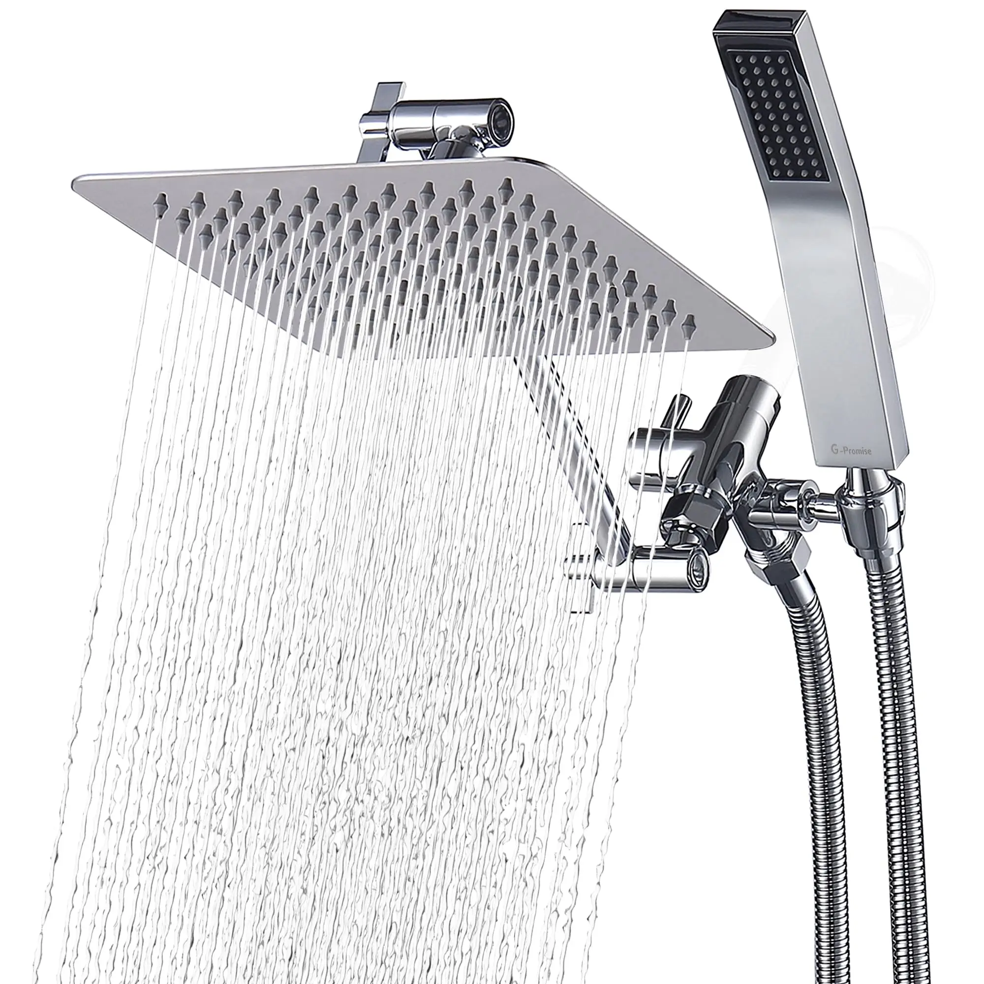 8 Inch Dual Square Shower Head with Handheld Spray Combo, Rain Shower Head, Adjustable Extension Arm, Smooth 3-Way Diverter