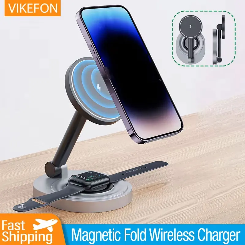Magnetic 2 In 1 Wireless Charger Stand  Pad Fast Charging Station Dock For iPhone 15 14 13 12 Pro Max Apple Watch 8 7 6 Airpods
