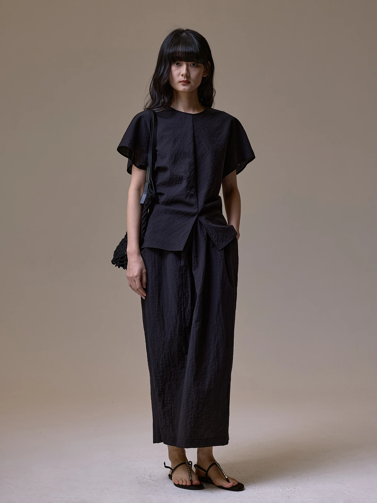 

Simple round Neck Pleated Waist Loose Casual Top Bottoms Set Women's Fashion Summer Outfit Cotton Nylon Rayon Blend Short Sleeve