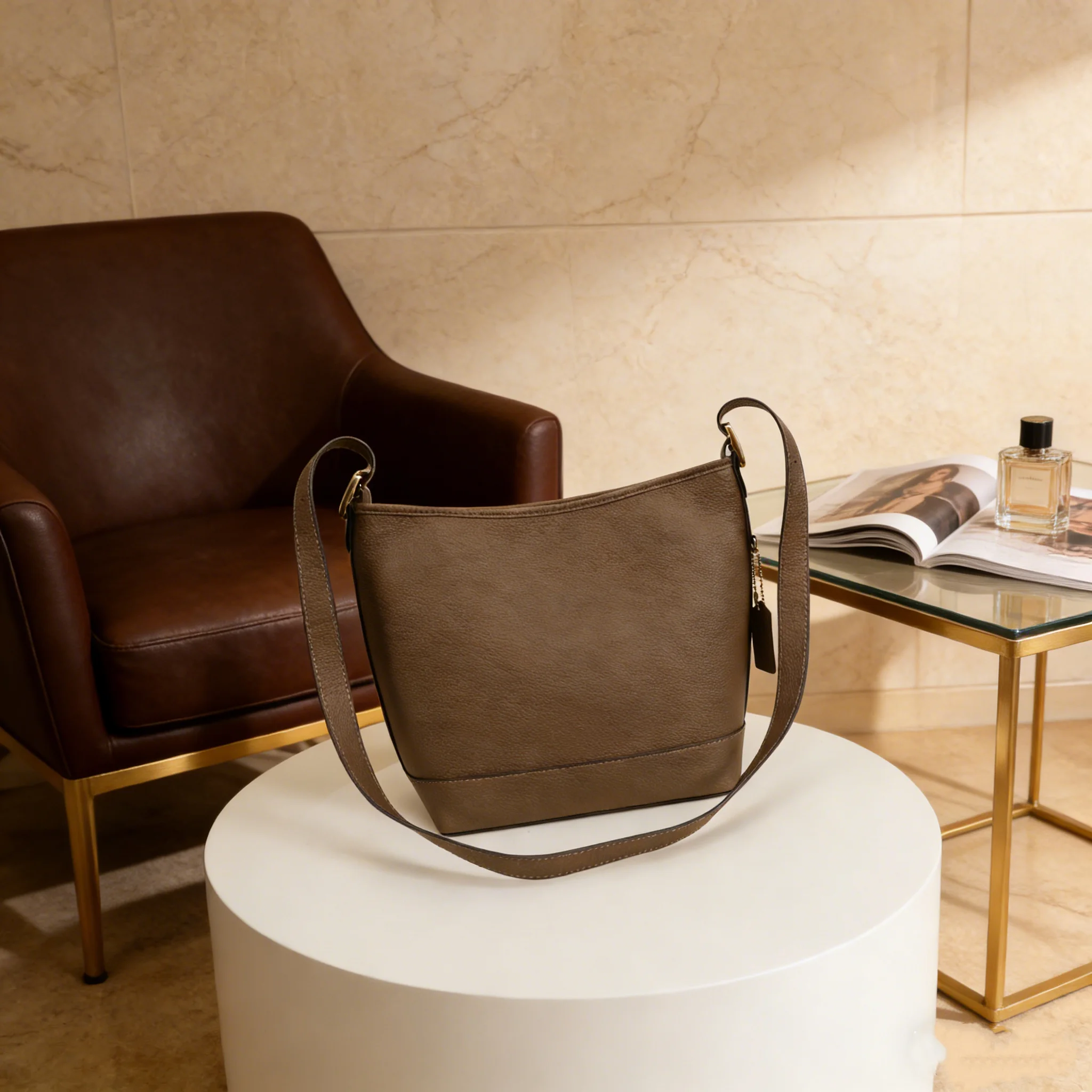 

Dark Brown Suede Leather Bucket Bag New Model Minimalist Design