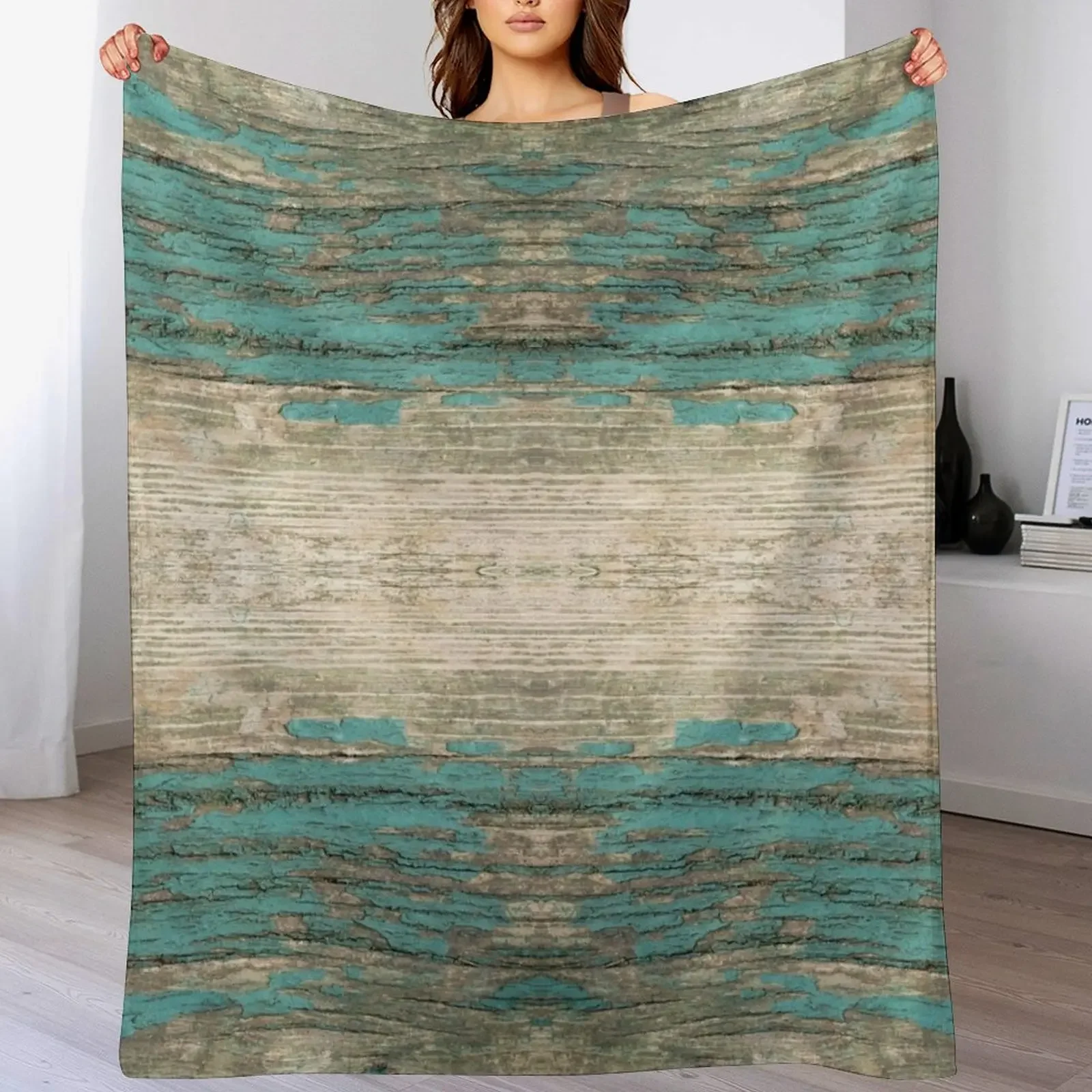

Rustic Wood - Weathered Wooden Plank - Beautiful knotty wood weathered turquoise paint Throw Blanket Father’s day blanket gift
