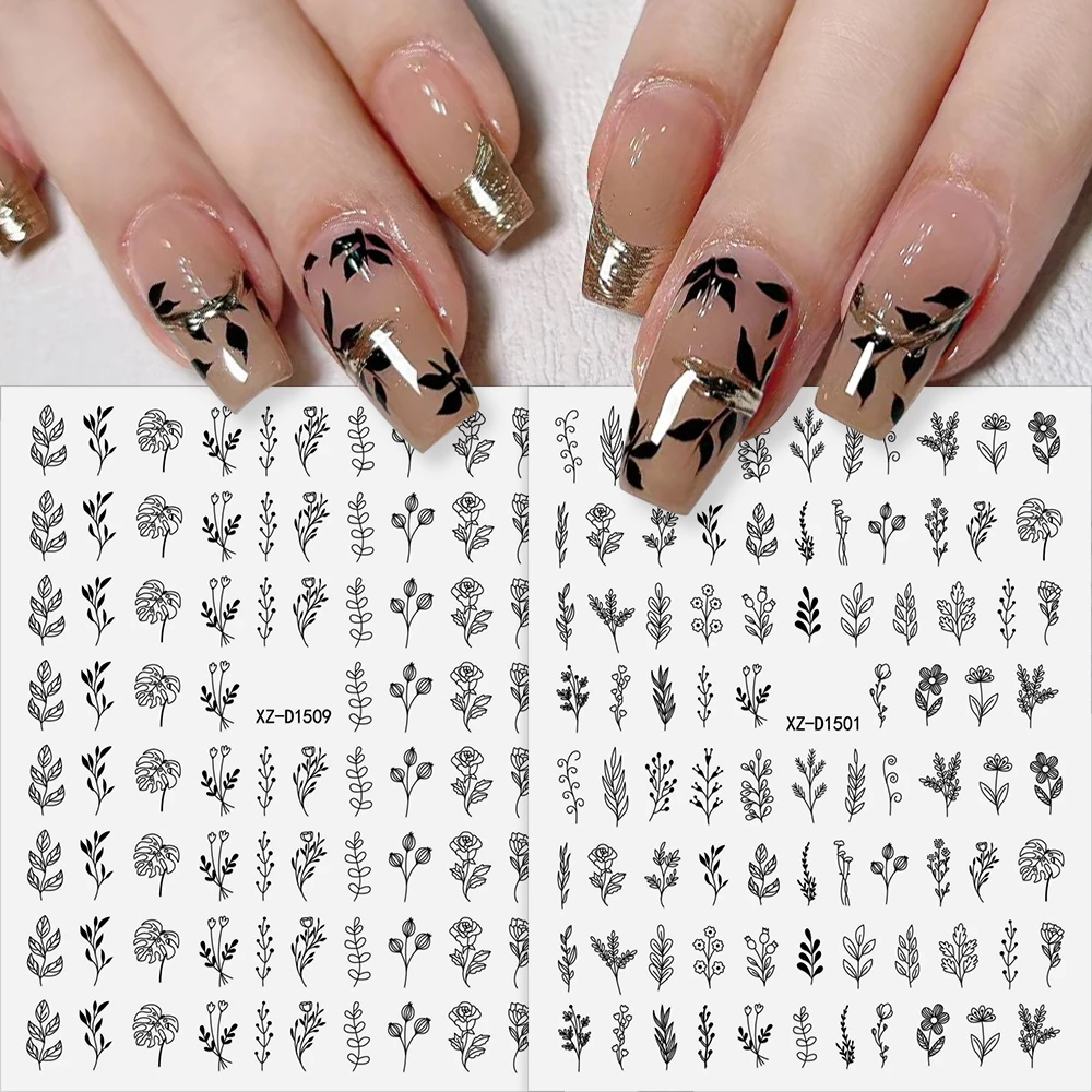 12Pcs Black Flowers Leaves Nail Art Sticker 3D 10*8cm Plants Geometry Line Flower Relief Nails Slider DIY Decoration Decal Parts