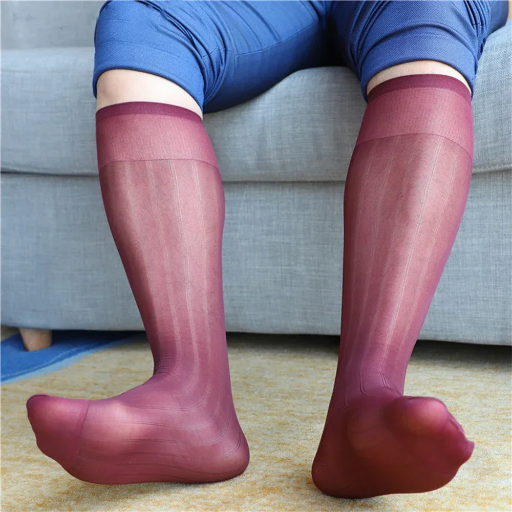 1 Pair Men\'s Sexy Business Socks Knee High Long Striped Formal Dress Silk Sheer Socks Transparent Business Stockings