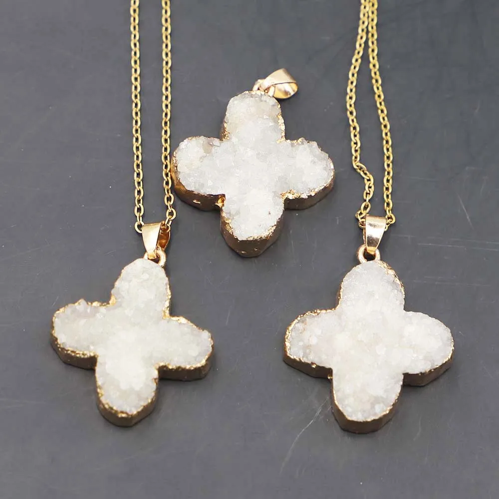 

Natural Stone White Agate Cross Gold-edged Pendants Necklaces Simple Temperament Clavicle Chain Fashion Jewelry Accessories 3Pcs