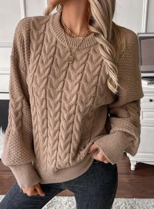

Autumn Pullover Sweater Women's New Slouchy Style Round Neck Solid Fried Dough Twists Casual Loose Outwear Knitted Top Pullover