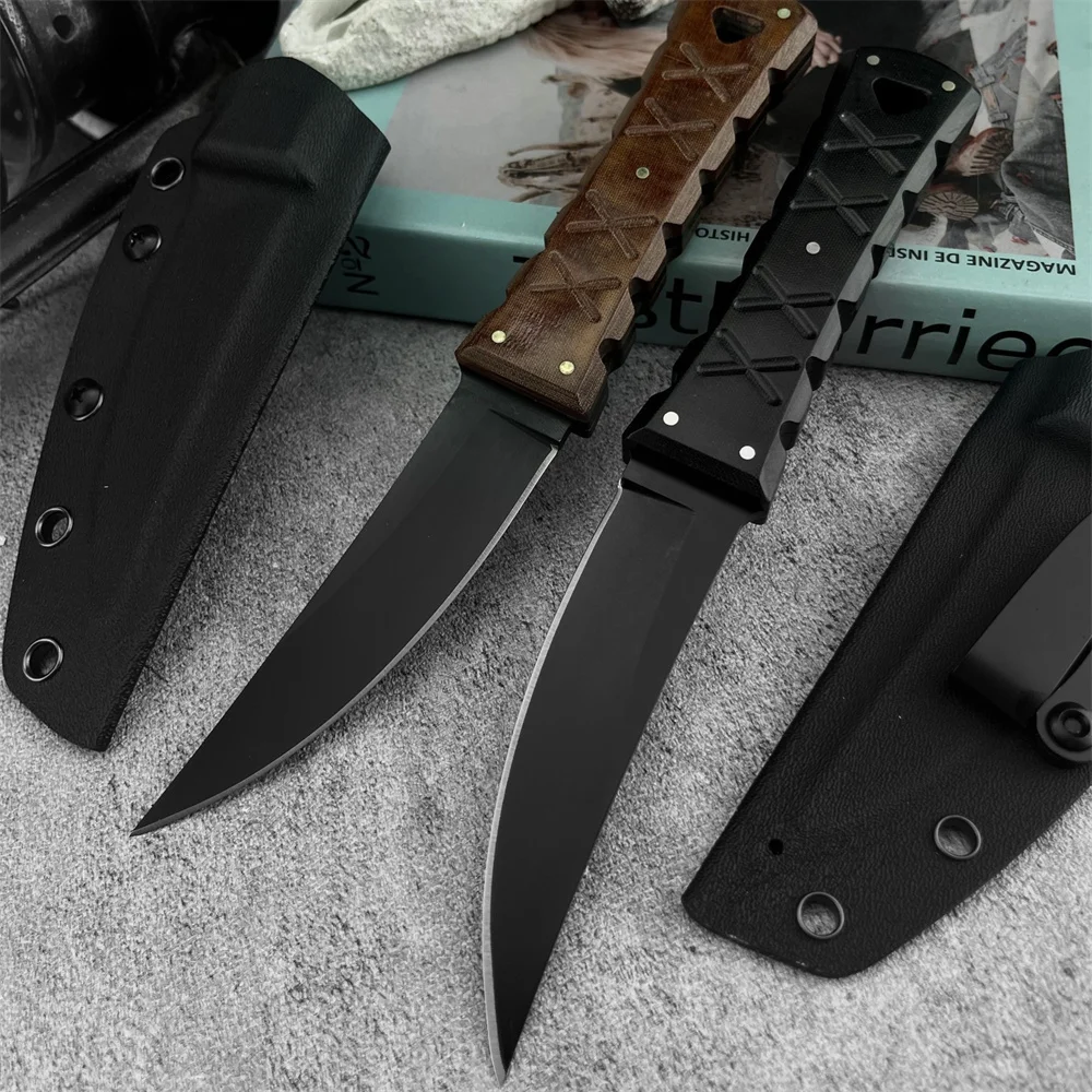 

High Quality Utility Fixed Blade Knife DC53 Steel Brown Linen / Black G10 Handle Easy To Carry Outdoor Hunting Hiking Knives