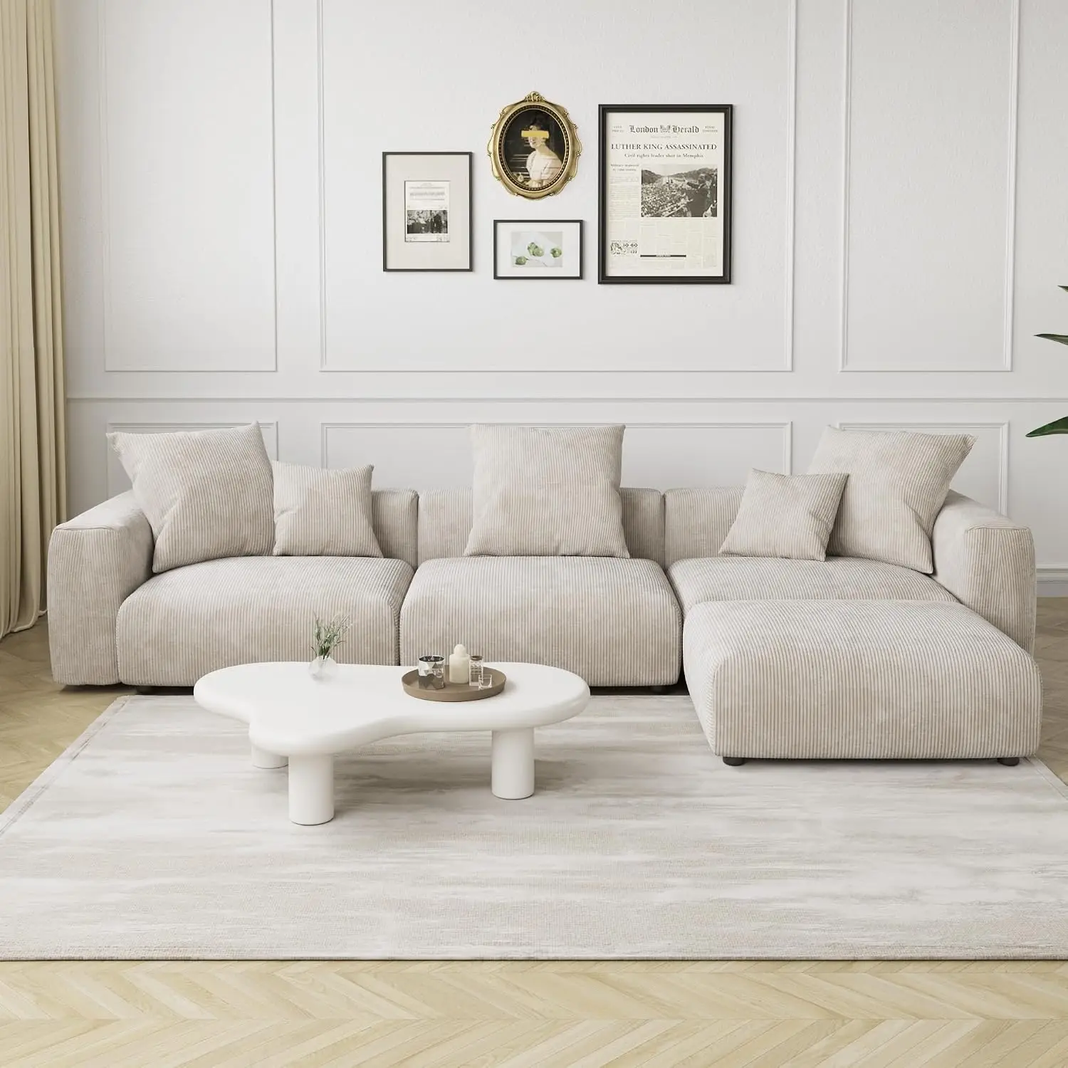 Sectional Sofa Chaise Ottoman 5 Pillows Removable Covers Corduroy Modular Couch Living Room Office Beige, Customized
