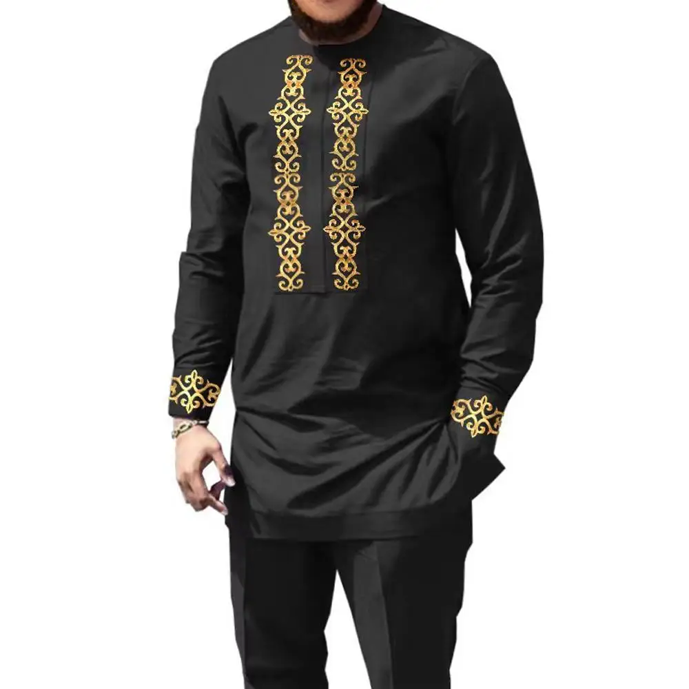 Kaunda Fashion Men\'s Set Slim Fit Long sleeved 2-piece Round Neck Embroidered Long sleeved Dashiki Birthday and Festival Set