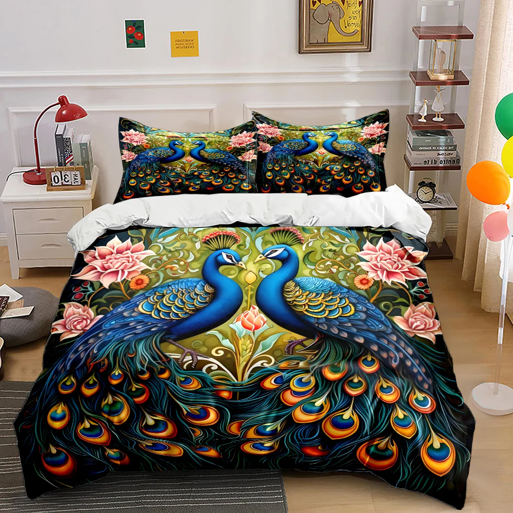 Two elegant peacocks with floral Pattern Duvet Cover Set Digital Print Colorful Polyester Bedding with Zipper Closur for gifts
