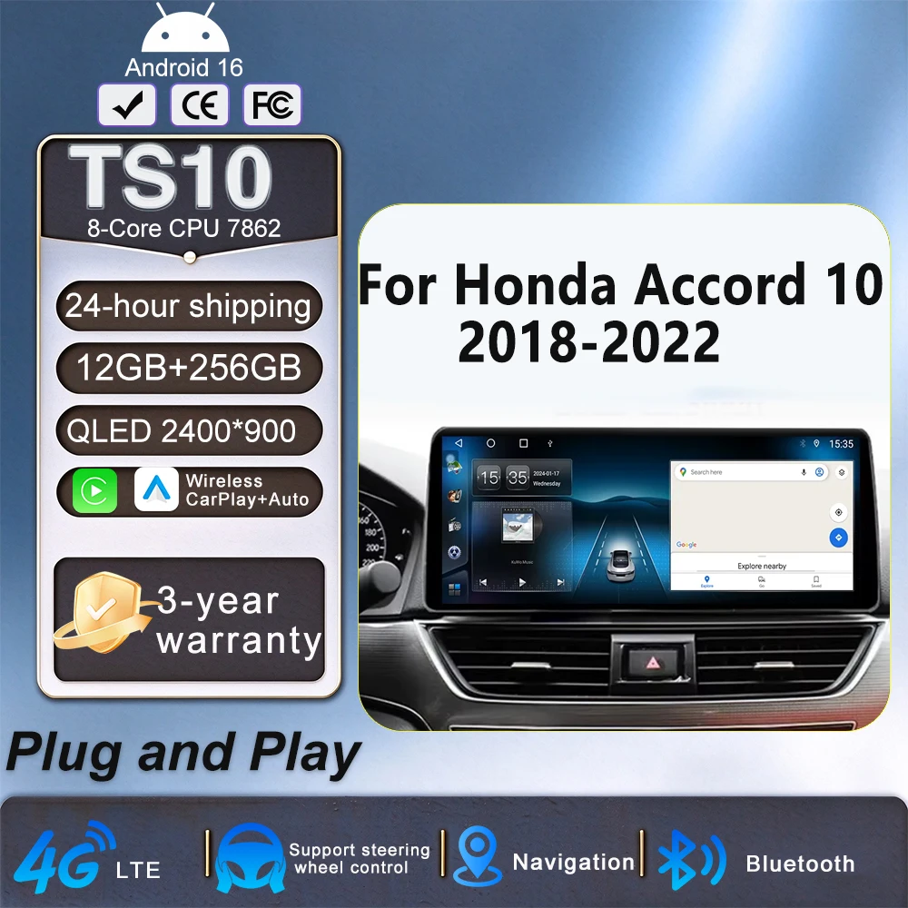 12.3 Inch Wireless Carplay Android 16 For Honda Accord 10 2018-2022 Auto Radio Car Multimedia Player 4G WIFI BT DSP DVD