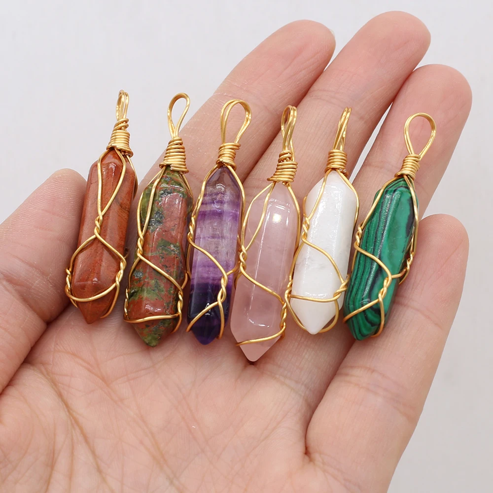 5pcs Gold Color Wire Wrap Vintage Pendant Natural Stone Crystal Agate Quartz Pendant for Jewelry Making DIY Necklace Earrings