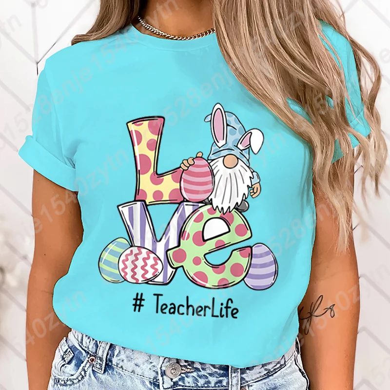 Easter Day Love Gnome Teacher Life Print Summer Casual T-shirts For Women Creative O Neck Short-sleeved Tees Fashion Ladies Tops