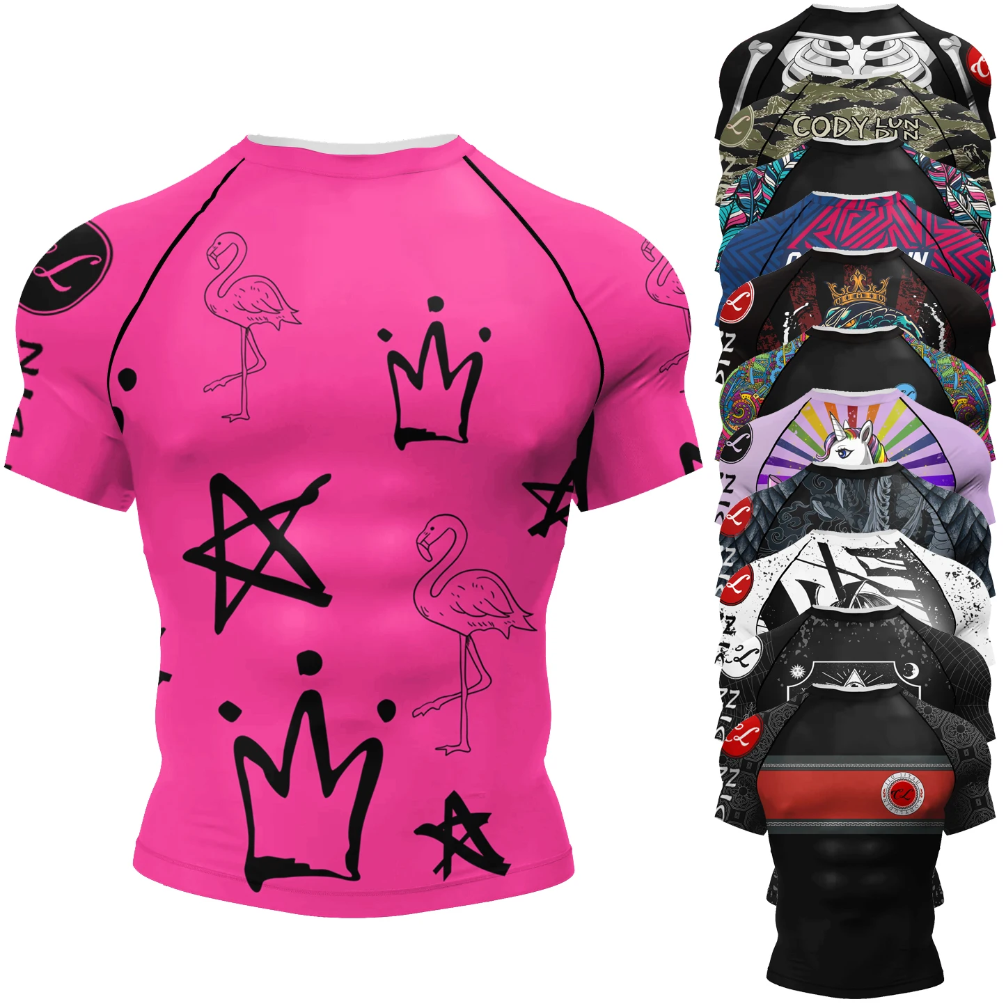 Camiseta Masculina de Manga Curta Rosa Cody Lundin para Jiu Jitsu BJJ No Gi Rash Guard Sublimada para Corrida e Treinamento