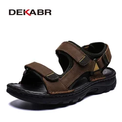 DEKABR Men Genuine Leather Sandals Summer Beach Breathable Fisherman Shoes Slipper Style Soft Bottom Flat Shoes Plus Size 38~48