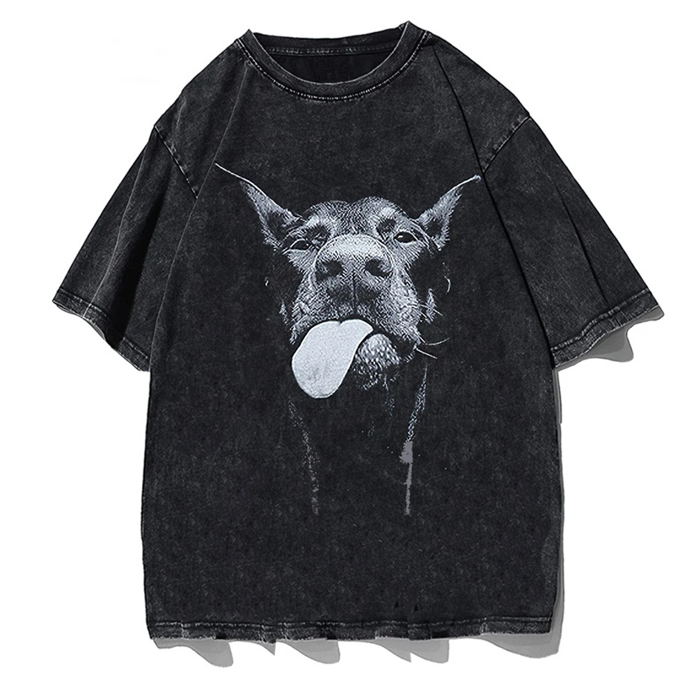 Männer Gothic T-Shirts Hip Hop Streetwear Hund gedruckt Punk Tops Sommer Drop-Shoulder-Ärmel Vintage gewaschen übergroße Kurzarm