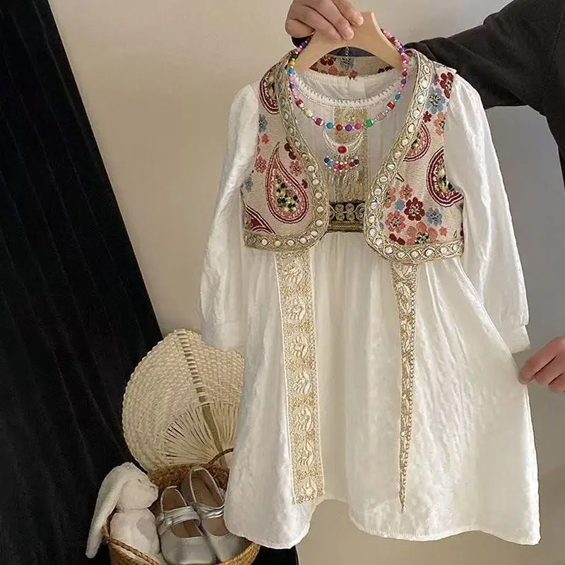 

Girls' Dress Set 2025 Spring and Autumn New Style Girls' Ethnic Style Dress Chinese Style Ancient Costume Vest Two Piece Set