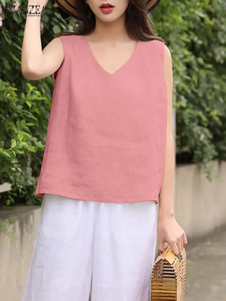 

ZANZEA Summer Fashion Women Solid Cotton Blouse Casual Shirt Female Elegant Camis Stylish V Neck Sleeveless Tanks Tops 2024